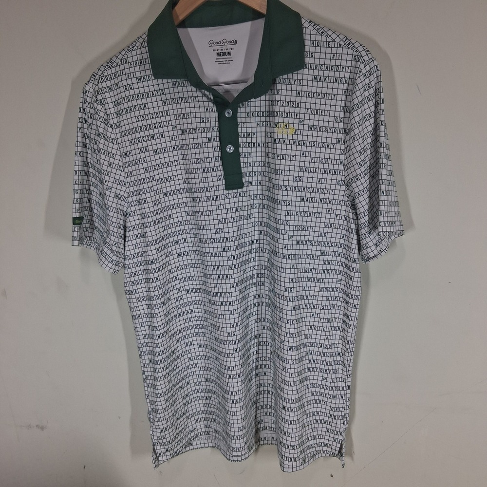 Good Good Golf Mens Medium Crossword Puzzle Print Performance Polo Shirt Green